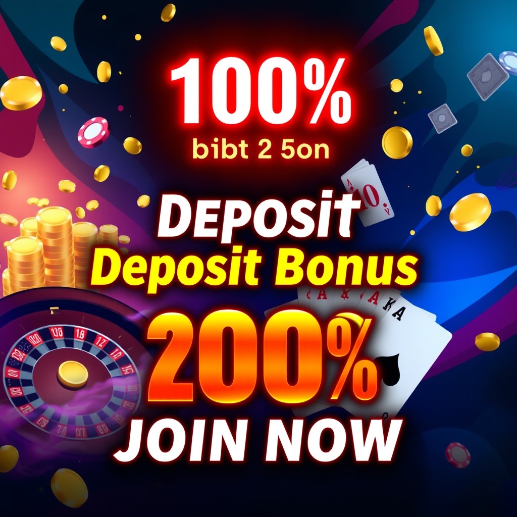 An eye-catching promotional poster for a 100% deposit bonus offer at a modern online casino