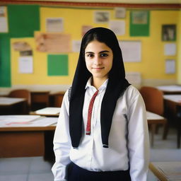 A proud Iranian girl dressed in typical school wear, surrounded by elements of an Iranian school environment.