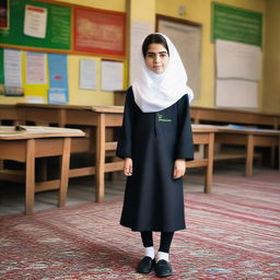 A proud Iranian girl dressed in typical school wear, surrounded by elements of an Iranian school environment.