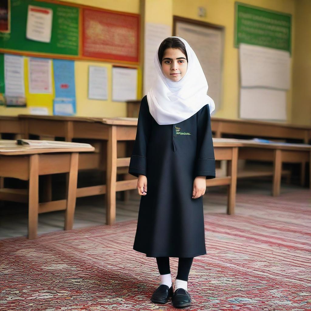 A proud Iranian girl dressed in typical school wear, surrounded by elements of an Iranian school environment.