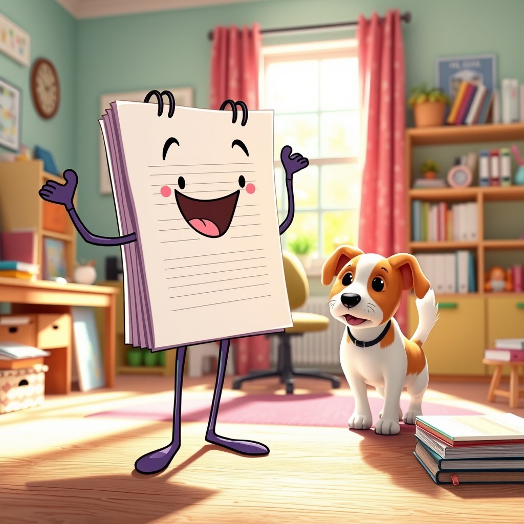 A whimsical scene featuring an anthropomorphic homework assignment with cartoonish legs, joyfully standing upright