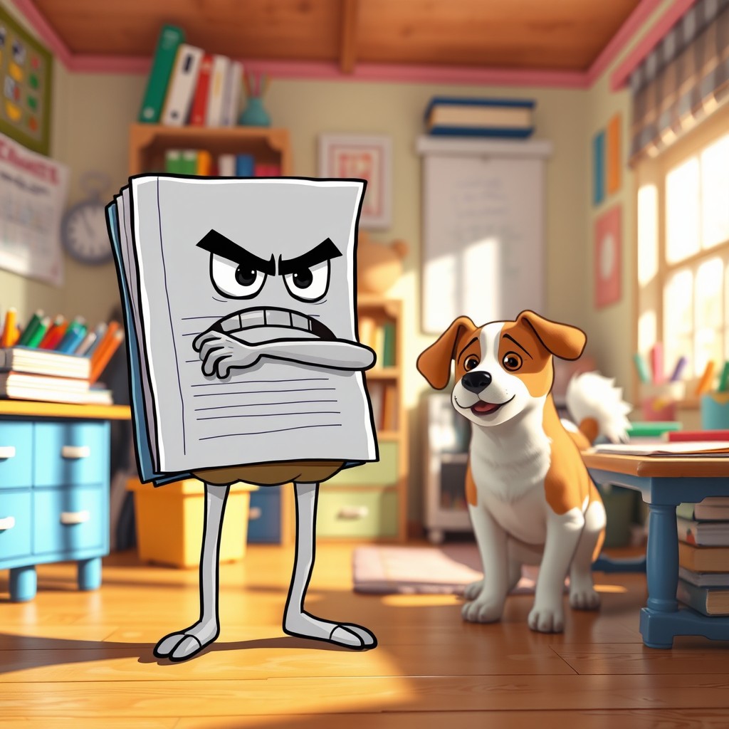 A whimsical scene featuring an anthropomorphic homework assignment with cartoonish legs, looking visibly mad and frowning