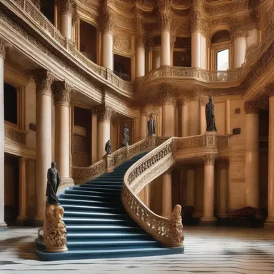 The mounter admired the grand staircase, designed with intricate handrails and adorned with elegant sculptures, as they ascended to the upper levels of the opulent palace.