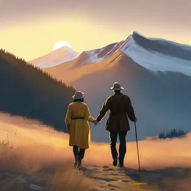 Hand in hand, the mounter and their lover hiked up the picturesque hill, basking in the golden hues of the setting sun and reveling in the peaceful serenity of nature.