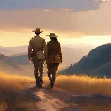 Hand in hand, the mounter and their lover hiked up the picturesque hill, basking in the golden hues of the setting sun and reveling in the peaceful serenity of nature.