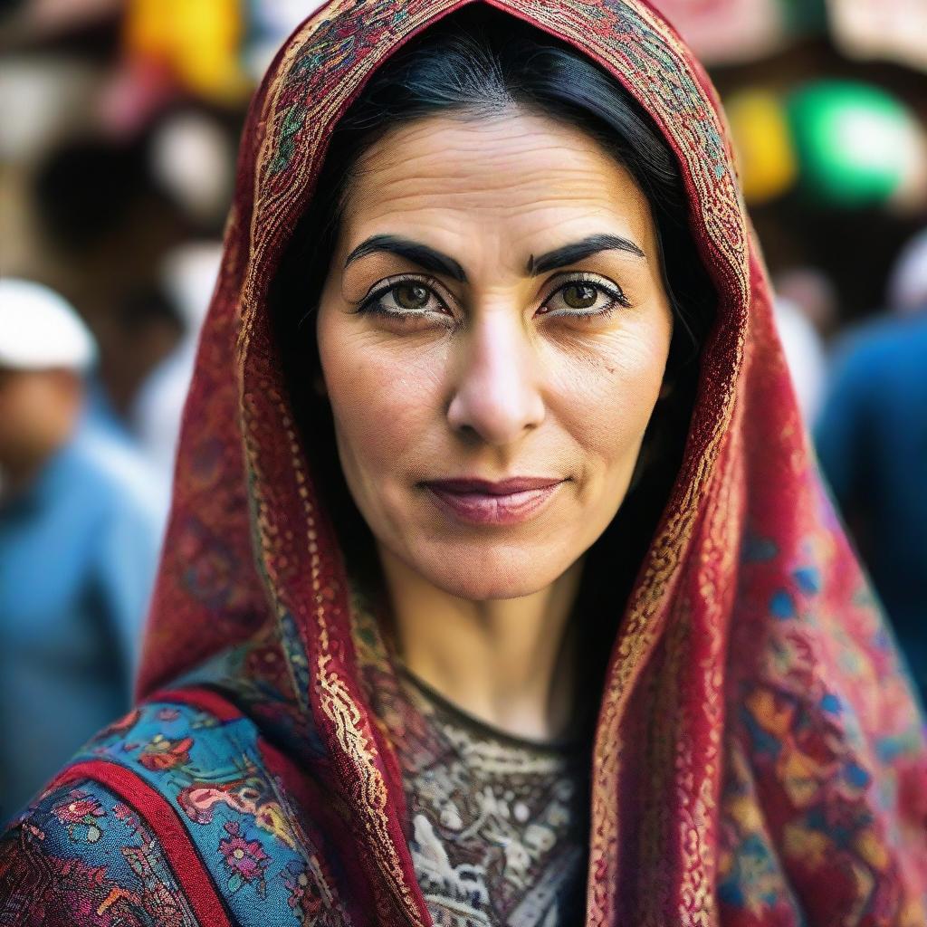 A portrait of an Iranian woman wearing traditional attire, with expressive eyes and a poised demeanor, set against the backdrop of a vibrant Iranian market.