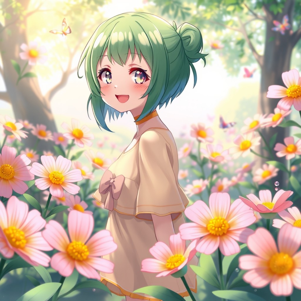 A vibrant anime girl with bright green hair, standing in a lush garden filled with flowers that have yellow centers and soft pink petals