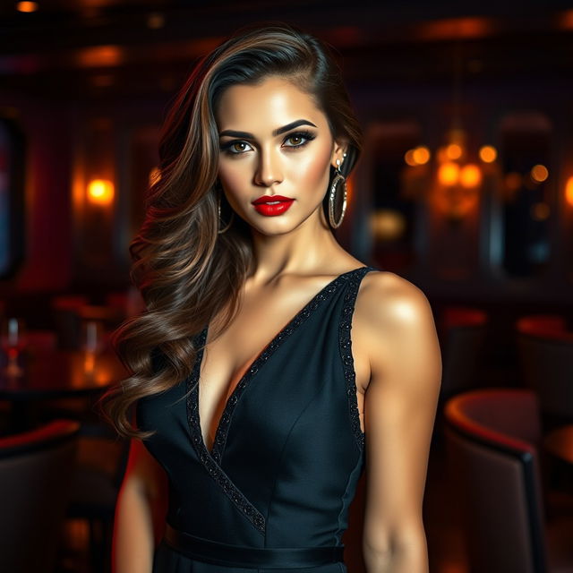A stunning high-quality portrait of an attractive woman in a glamorous evening dress, posing confidently with a sultry expression