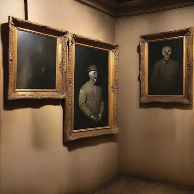 The mounter added a touch of suspense and horror by expertly mounting the eerie paintings in the haunted house.