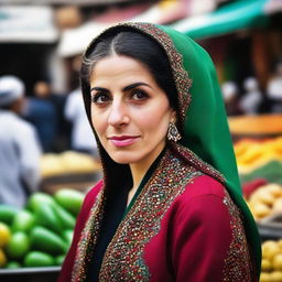 A portrait of an Iranian woman wearing traditional attire, with expressive eyes and a poised demeanor, set against the backdrop of a vibrant Iranian market.