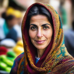 A portrait of an Iranian woman wearing traditional attire, with expressive eyes and a poised demeanor, set against the backdrop of a vibrant Iranian market.