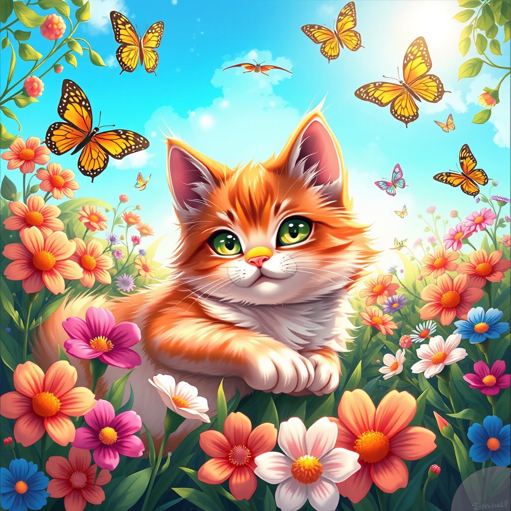 A vibrant and charming illustration of a cute, fluffy cat with bright green eyes, lounging playfully in a sunny garden