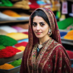 A portrait of an Iranian woman wearing traditional attire, with expressive eyes and a poised demeanor, set against the backdrop of a vibrant Iranian market.