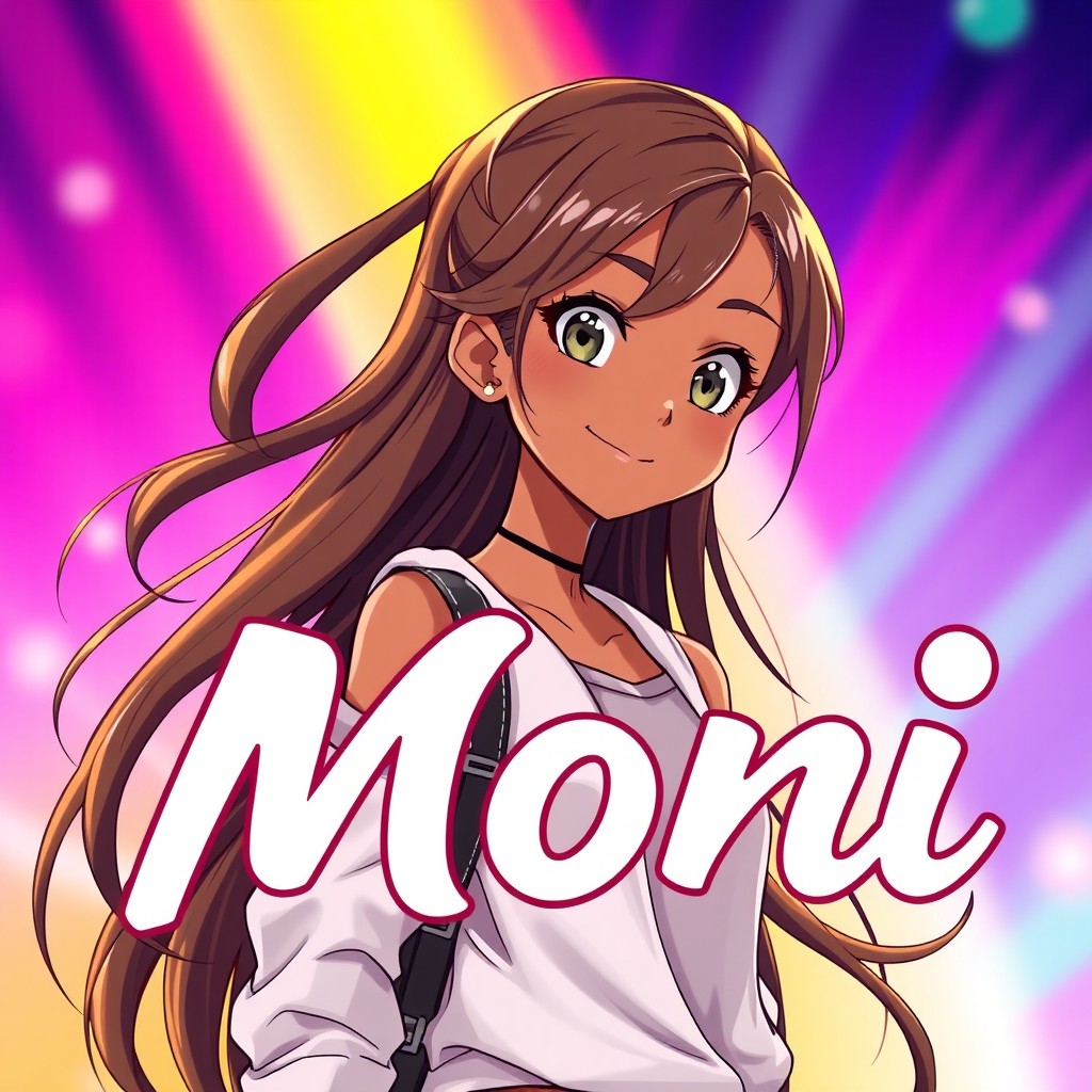 An anime-style illustration of a beautiful brown-skinned girl with long flowing hair, wearing a stylish outfit that reflects contemporary fashion