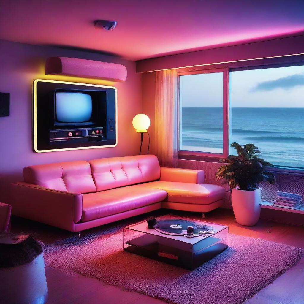 An 80's style apartment, accentuated by neon interior lighting, features a vintage Hi-Fi system, vinyl player, and an old-fashioned TV. Comforting presence of a vintage sofa complements the mesmerizing night beach view visible through the window.