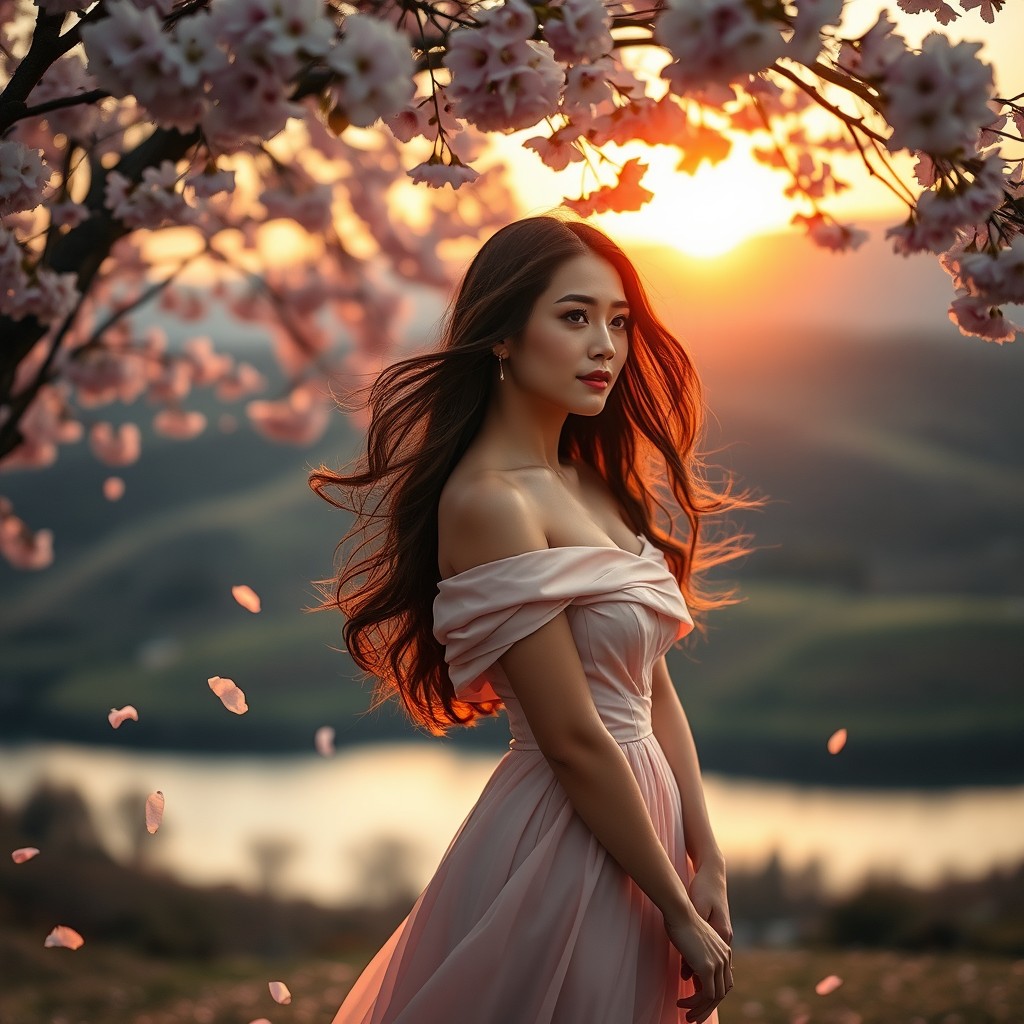 A stunning young woman with flowing long hair, wearing an elegant, off-the-shoulder evening gown