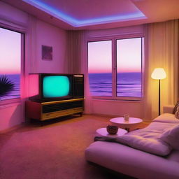 An 80's style apartment, accentuated by neon interior lighting, features a vintage Hi-Fi system, vinyl player, and an old-fashioned TV. Comforting presence of a vintage sofa complements the mesmerizing night beach view visible through the window.