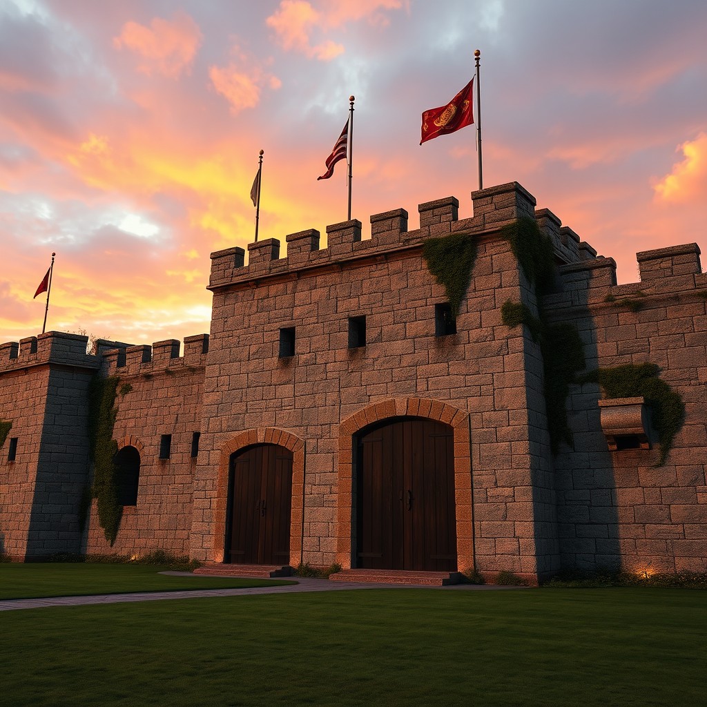 A massive fort with strong, thick stone walls, featuring imposing locked wooden doors