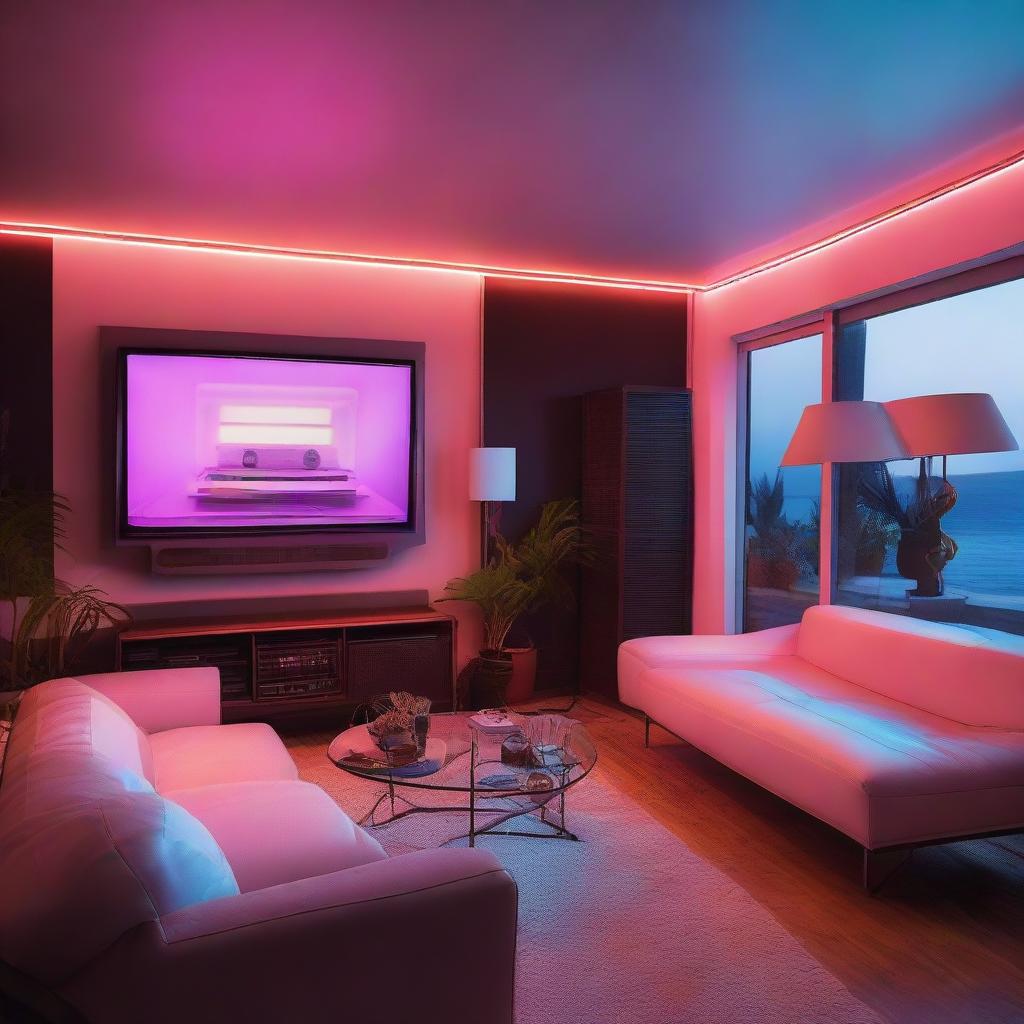 An 80's style apartment, accentuated by neon interior lighting, features a vintage Hi-Fi system, vinyl player, and an old-fashioned TV. Comforting presence of a vintage sofa complements the mesmerizing night beach view visible through the window.