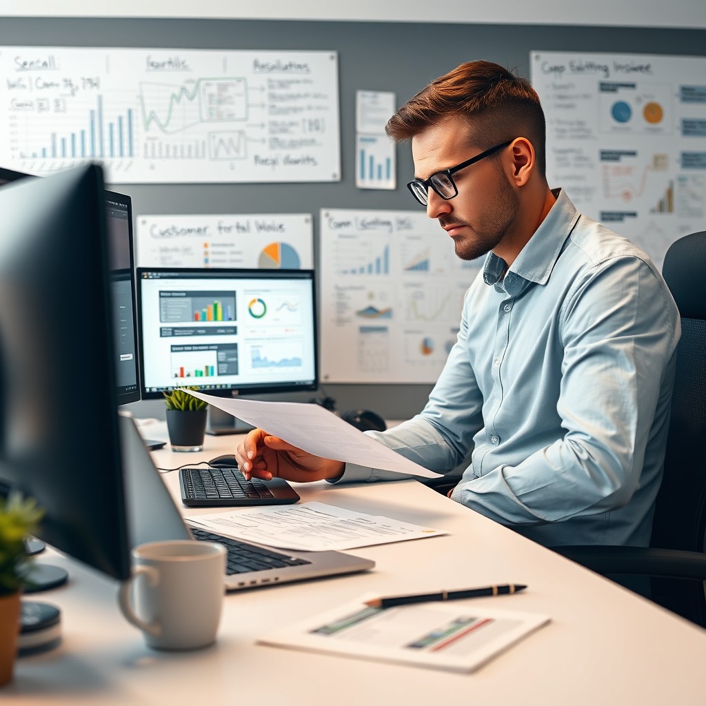 An IT professional sitting at a modern desk, intently analyzing a proposal document on a laptop