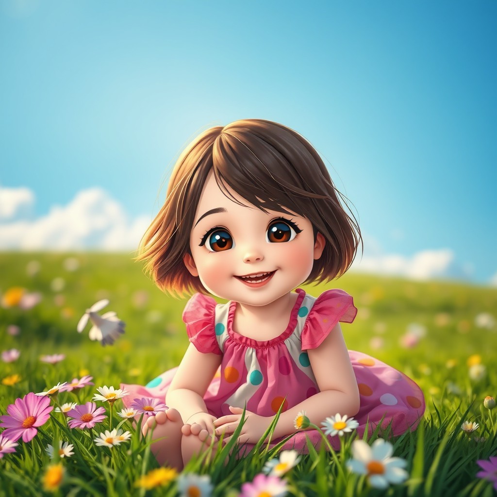 A small, cute brunette girl with shoulder-length hair, wearing a colorful, playful dress