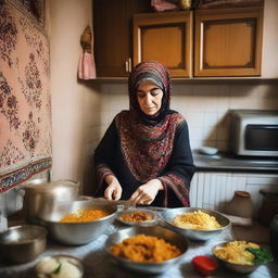 An Iranian mom dressed in traditional attire cooking delicious meals in her cosy, culturally decorated kitchen in the house.