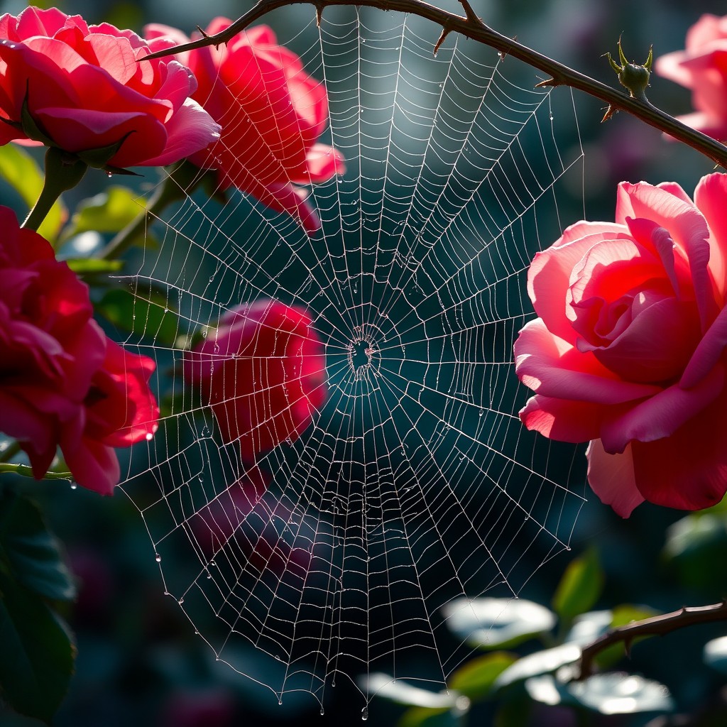 A delicate spider web intricately woven, framed beautifully by vibrant roses in full bloom and sharp thorns