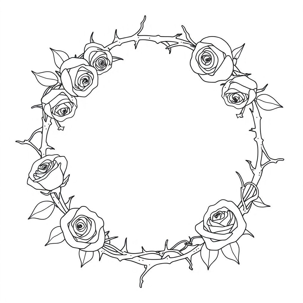 An artistic outline of a frame composed of intertwined roses and thorns