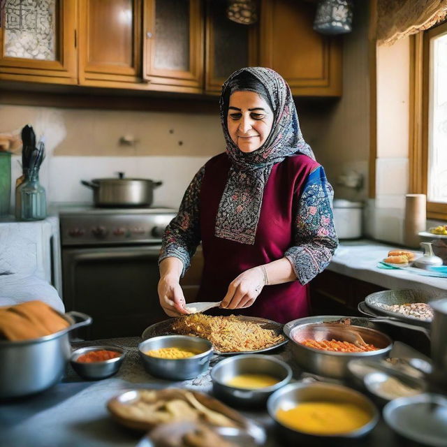 An Iranian mom dressed in traditional attire cooking delicious meals in her cosy, culturally decorated kitchen in the house.