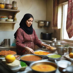 An Iranian mom dressed in traditional attire cooking delicious meals in her cosy, culturally decorated kitchen in the house.