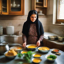 An Iranian mom dressed in traditional attire cooking delicious meals in her cosy, culturally decorated kitchen in the house.