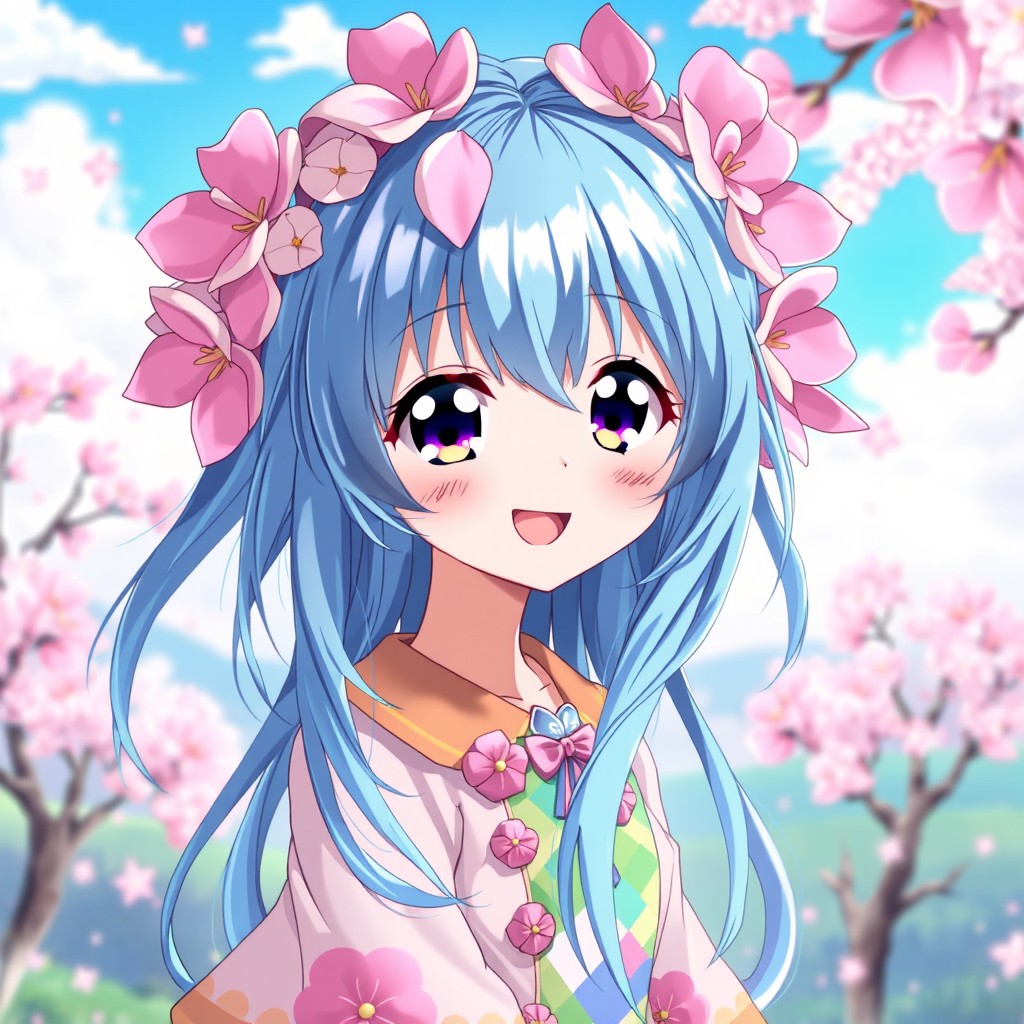 An anime girl with vibrant, flowing hair styled in a wig adorned with beautiful pink petals, giving her a whimsical and enchanting appearance