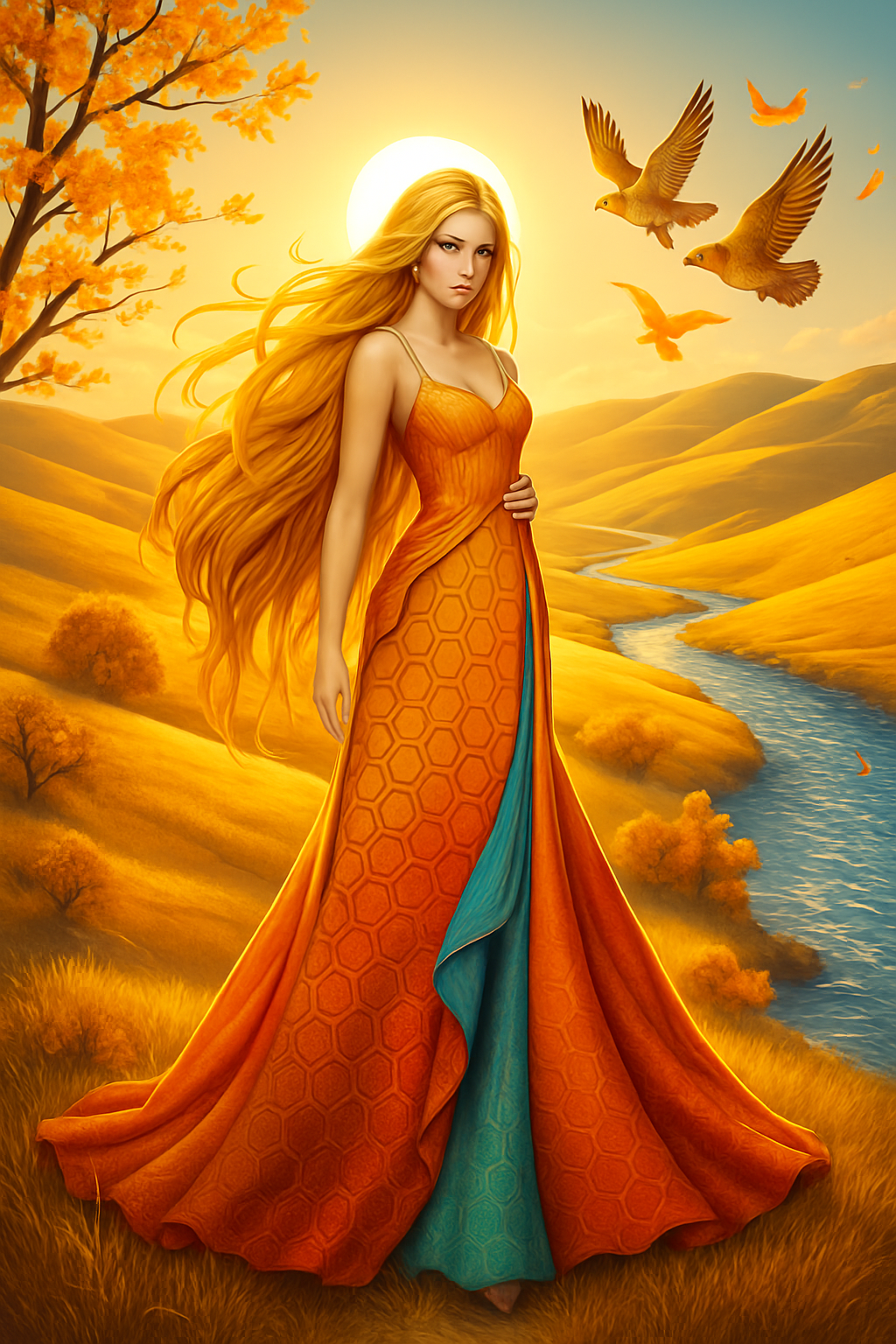 A goddess personifying the essence of autumn, depicted with a warm and radiant sun behind her