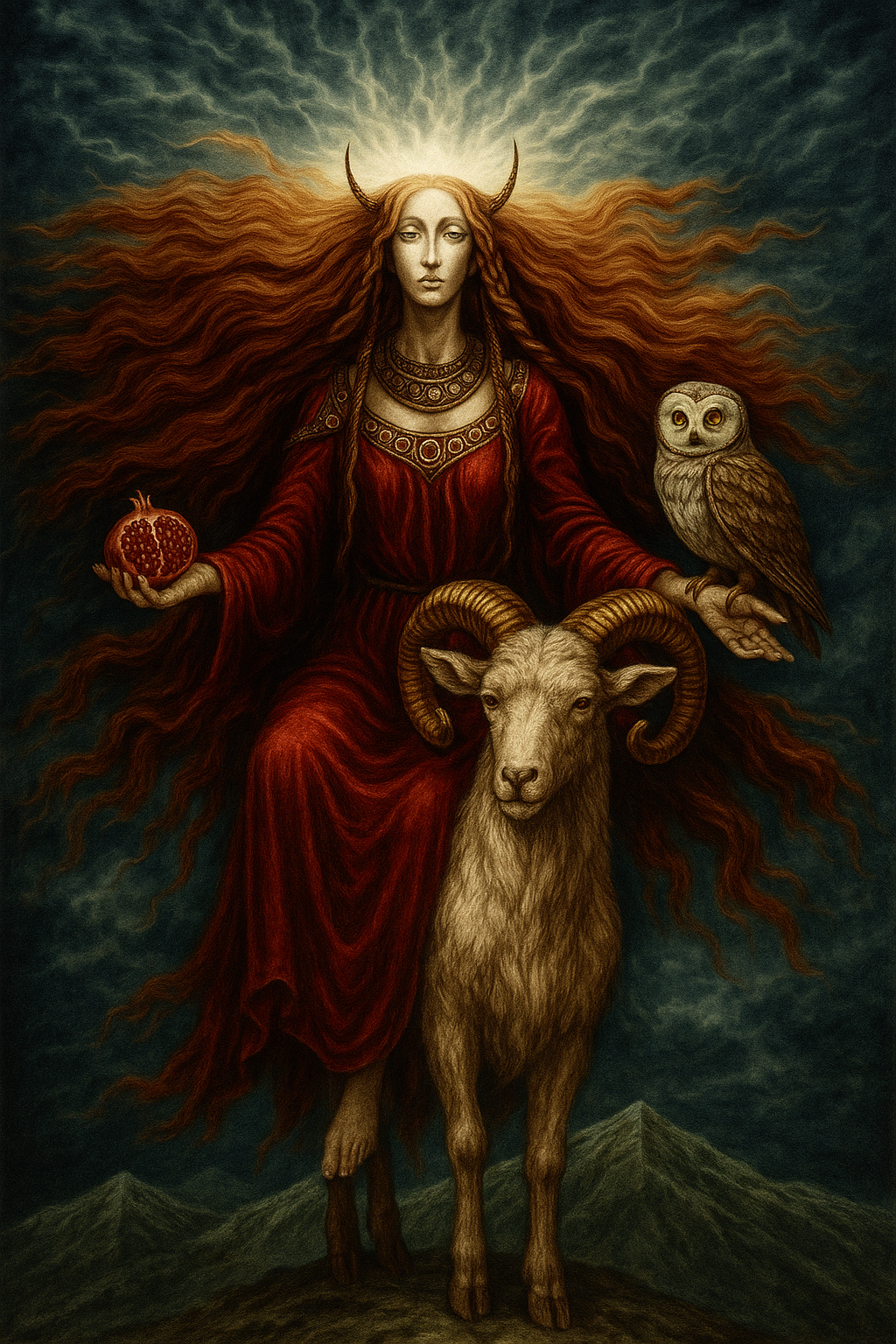 Use this image an add one owl and pomegranate