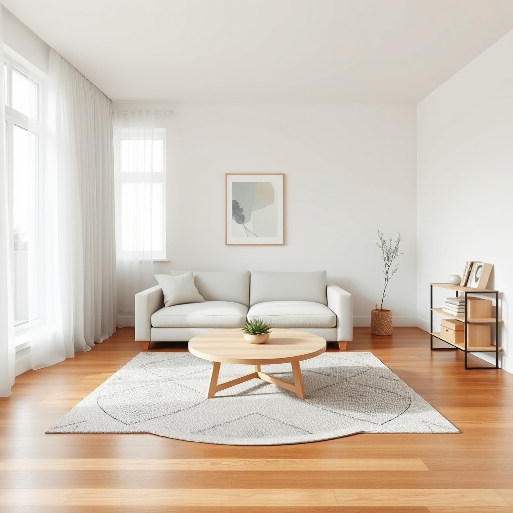A serene minimalist living room that measures 4x4 meters, featuring neutral color tones such as whites and soft grays