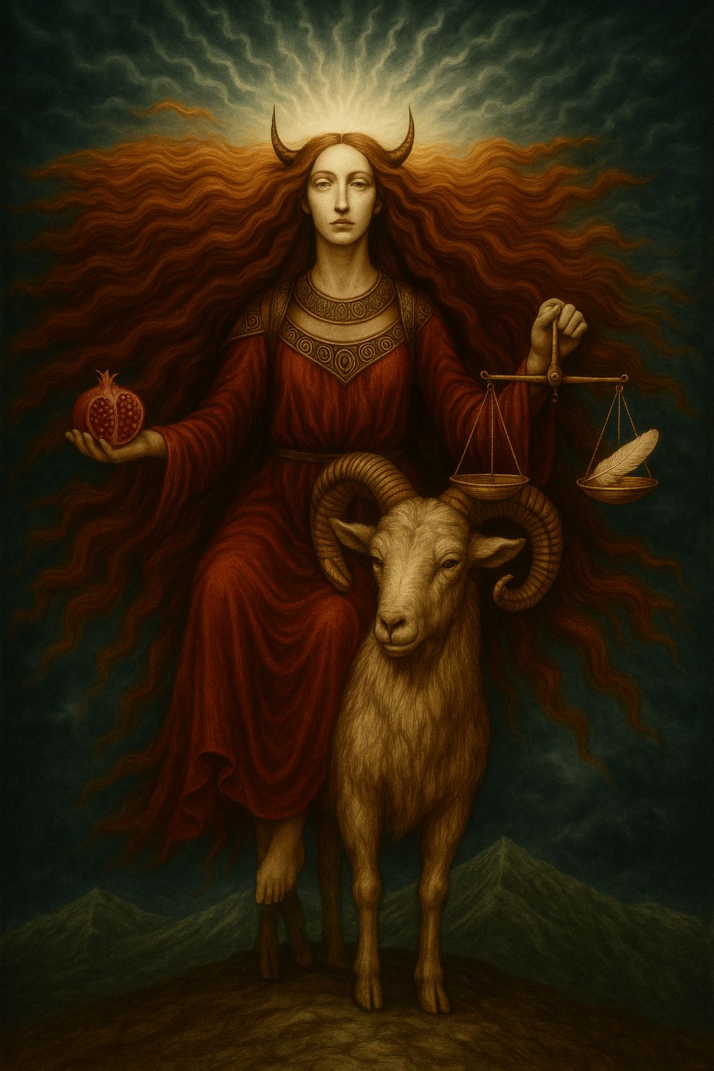 A mystical scene featuring a woman with flowing red hair, dressed in a long red gown adorned with intricate patterns