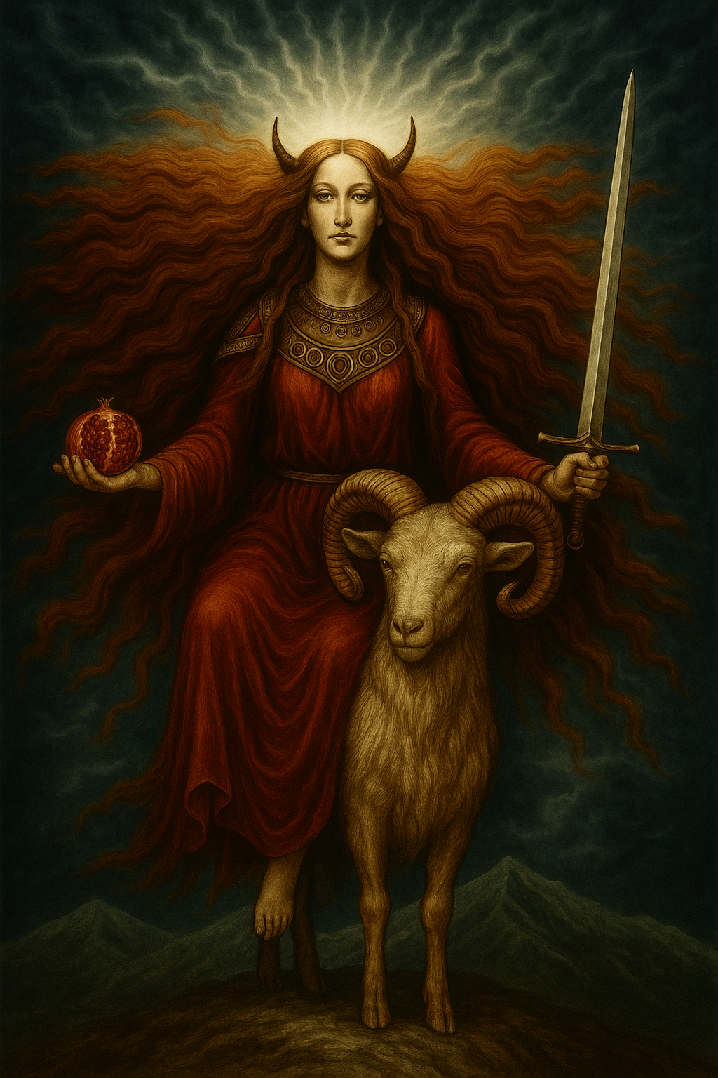 A mystical scene featuring a woman with flowing red hair, dressed in a long red gown adorned with intricate patterns