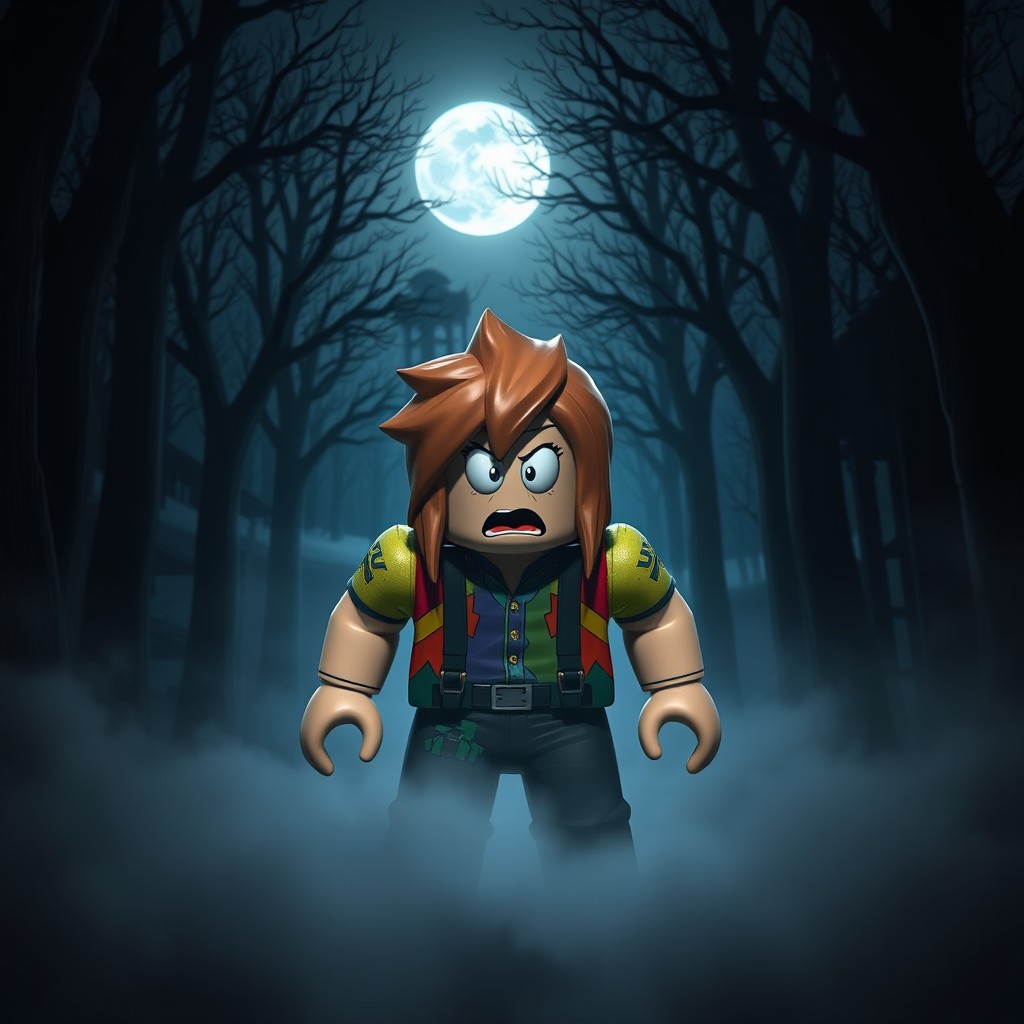 A realistic depiction of a Roblox character that appears super scared, set in a dark, eerie forest at night