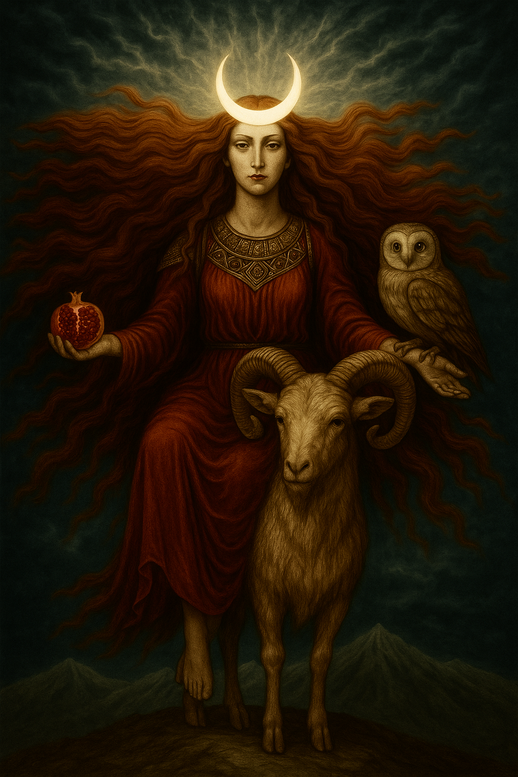 A mystical scene featuring a woman with flowing red hair, dressed in a long red gown adorned with intricate patterns