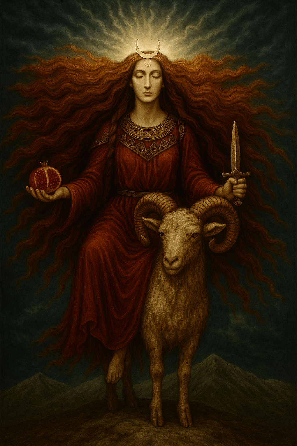 A mystical scene featuring a woman with flowing red hair, dressed in a long red gown embellished with intricate patterns