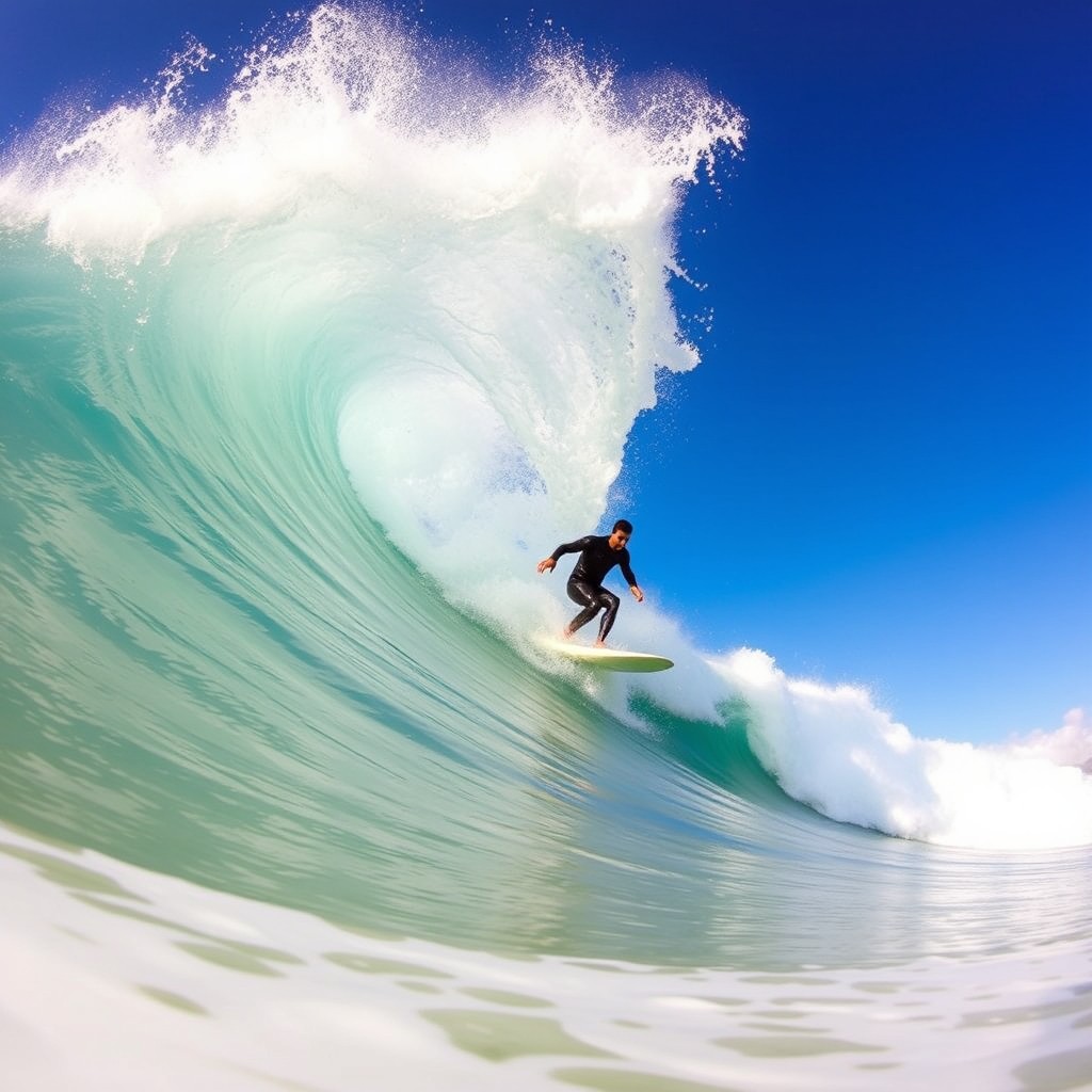 A thrilling scene of a surfer riding a perfect barrel wave at Kandui Mentawai, showcasing the beauty of the ocean and the skill of the surfer