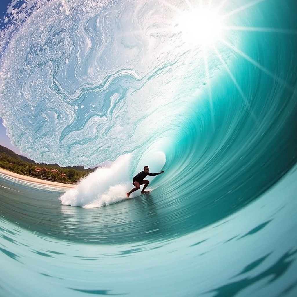 An exhilarating image of a surfer riding a majestic barrel wave in the Mentawai Islands
