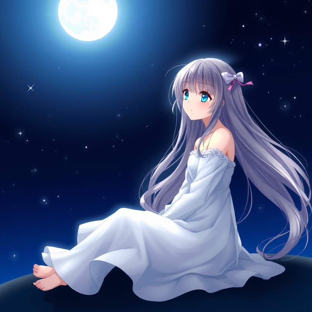 An enchanting anime girl with long flowing hair, sitting gracefully beneath a serene night sky filled with a bright full moon and sparkling stars