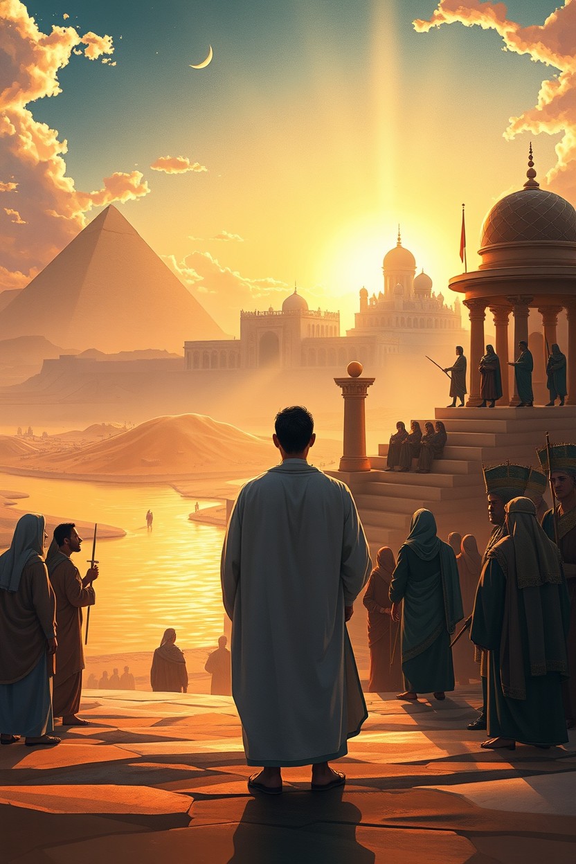 A cinematic illustration capturing the essence of the Quranic verse about Prophet Musa sent with divine signs to Pharaoh and his elite