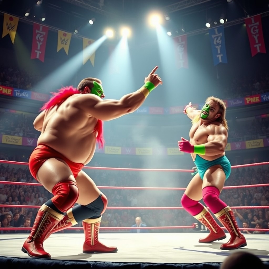 An epic wrestling match scene featuring two muscular wrestlers in colorful costumes, one wearing a bright green mask and the other in a vibrant red outfit, surrounded by an excited crowd in a packed arena