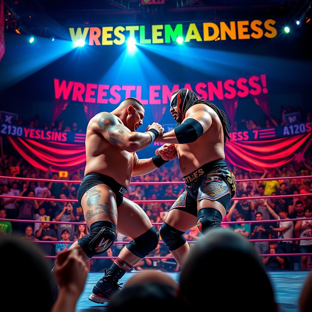 A vibrant and electrifying scene capturing the intensity of a wrestling event titled 'WRESTLEMADNESS'