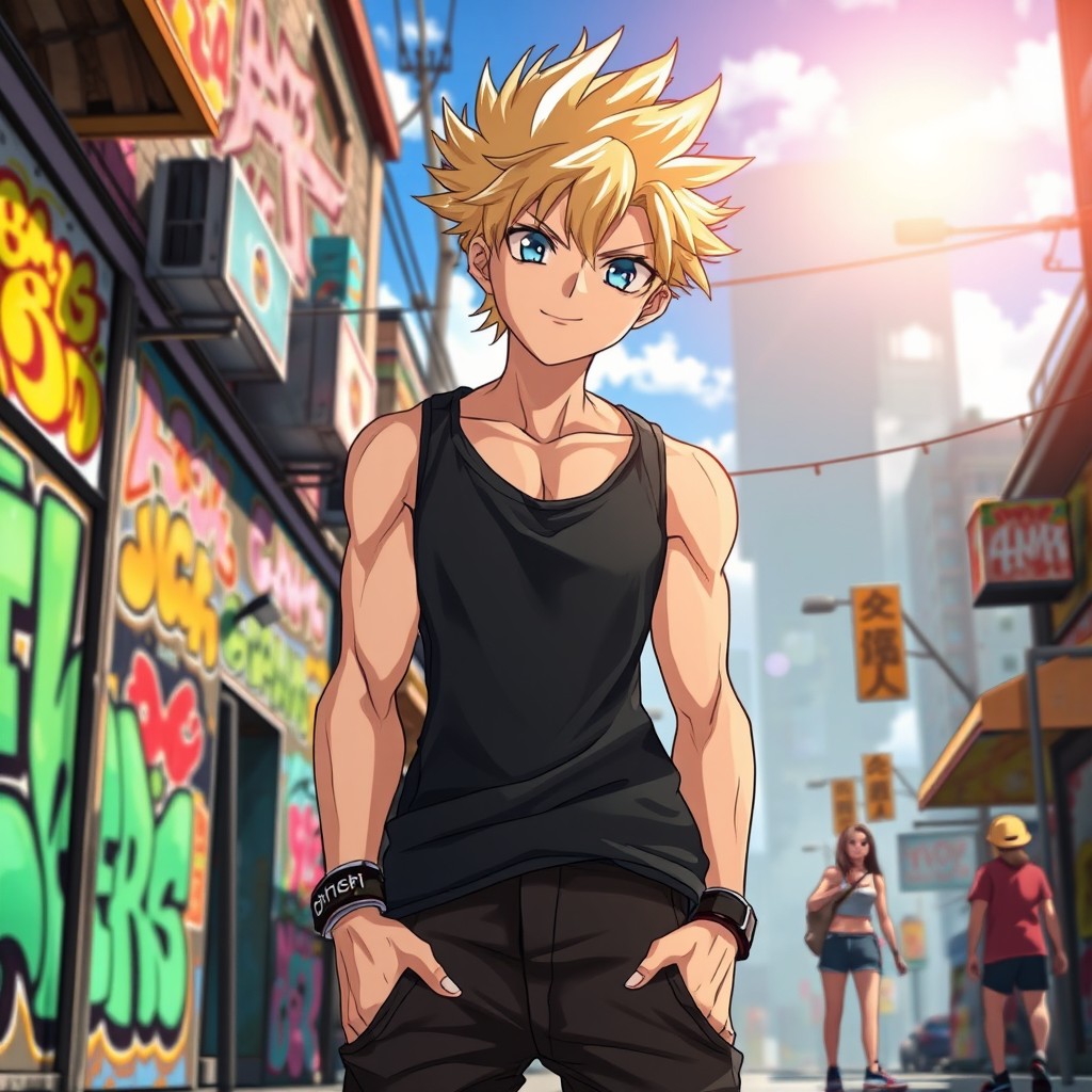 An 18-year-old anime character with striking blonde hair, embodying an athletic physique