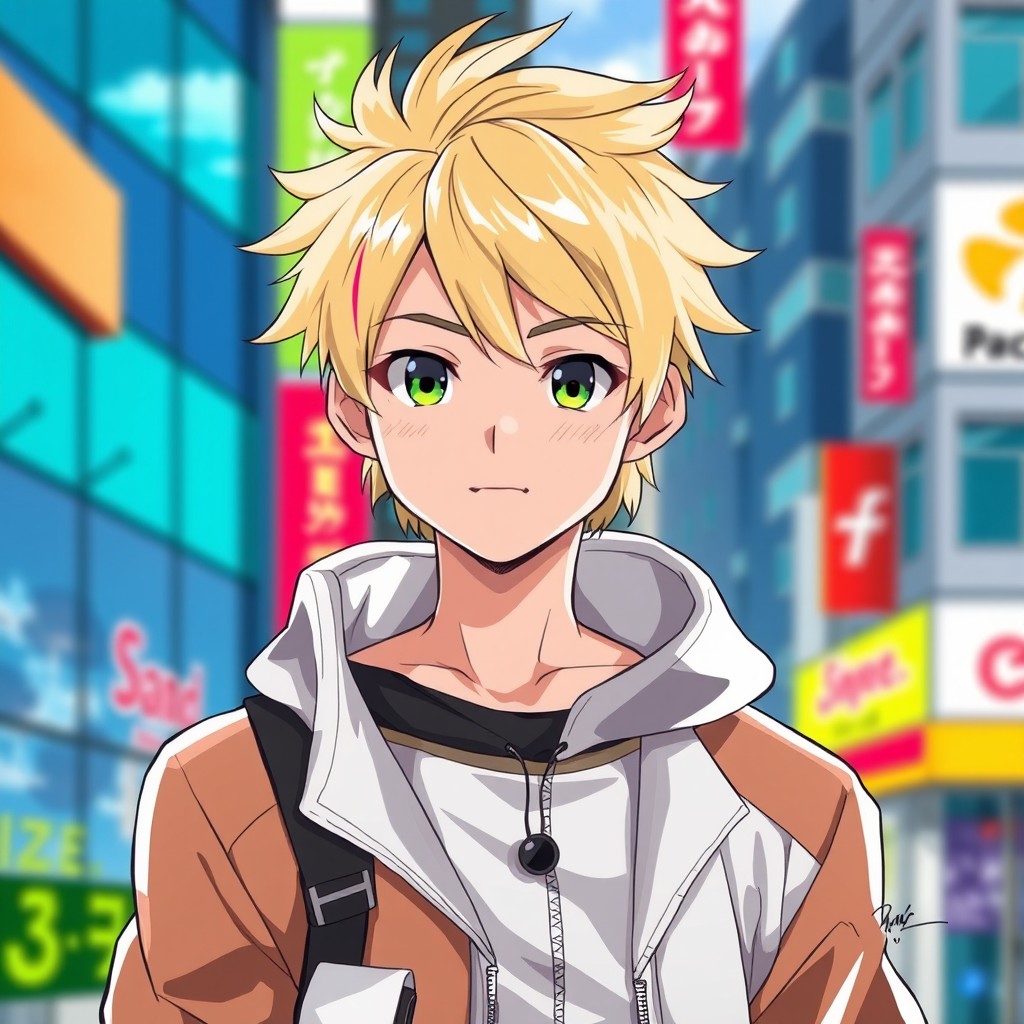 Anime character design featuring a 18-year-old male with blonde hair and an athletic build