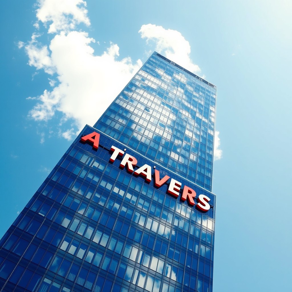 A striking skyscraper, primarily in blue and black colors, featuring the name 'A TRAVERS LE MONDE' prominently displayed in bold white and red lettering