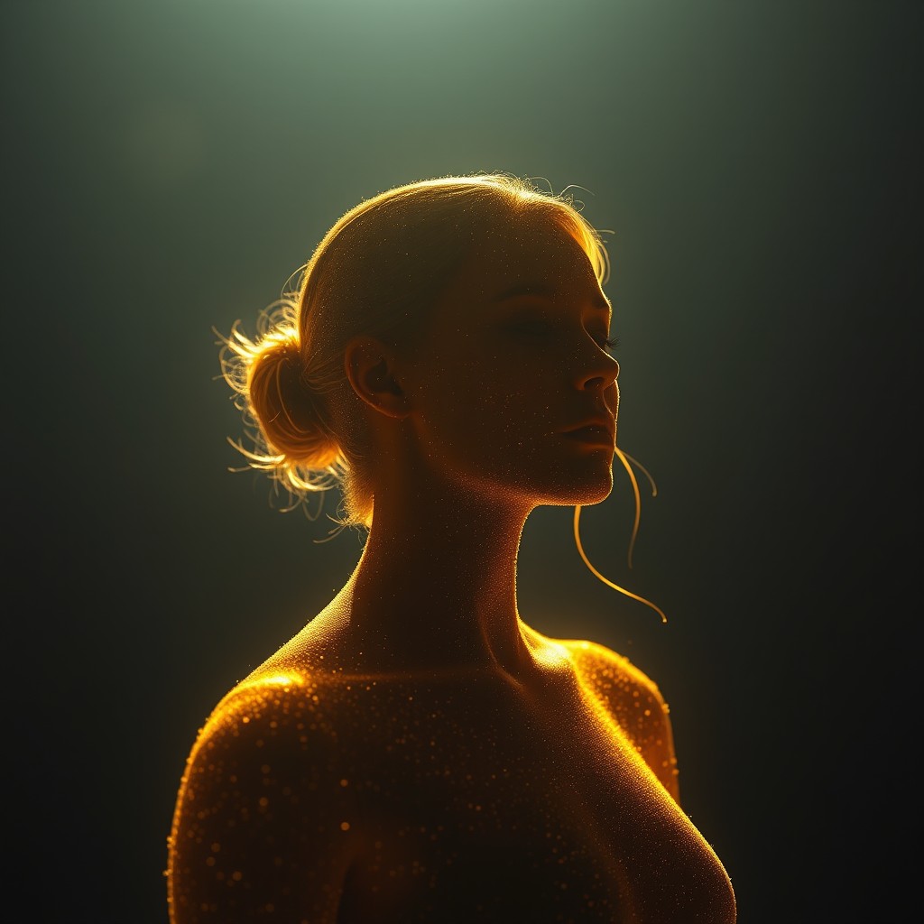 A hyper-realistic cinematic female silhouette representing 'Life', crafted from soft, pulsating golden light and shimmering stardust